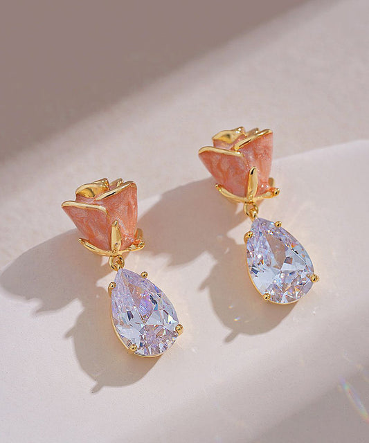 Pink Copper Zircon Gem Stone Rose Water Drop Drop Earrings