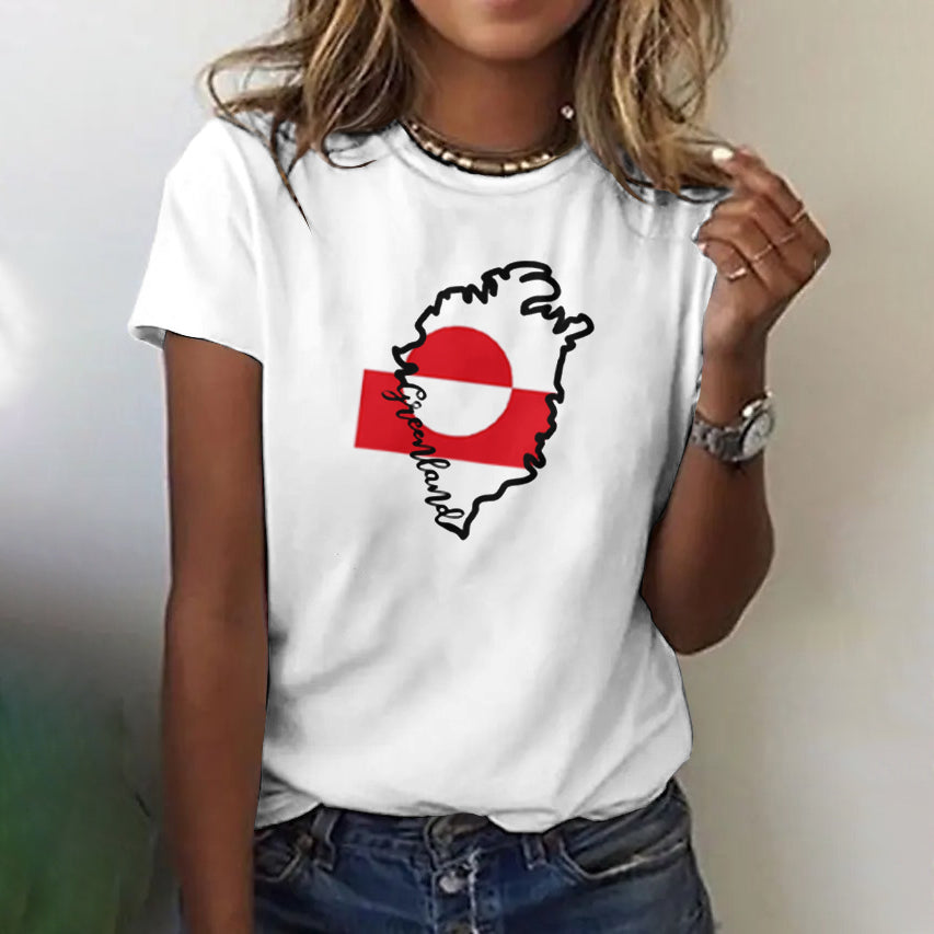 Women's Greenland Map Flag Creative Print T-shirt elevenforest