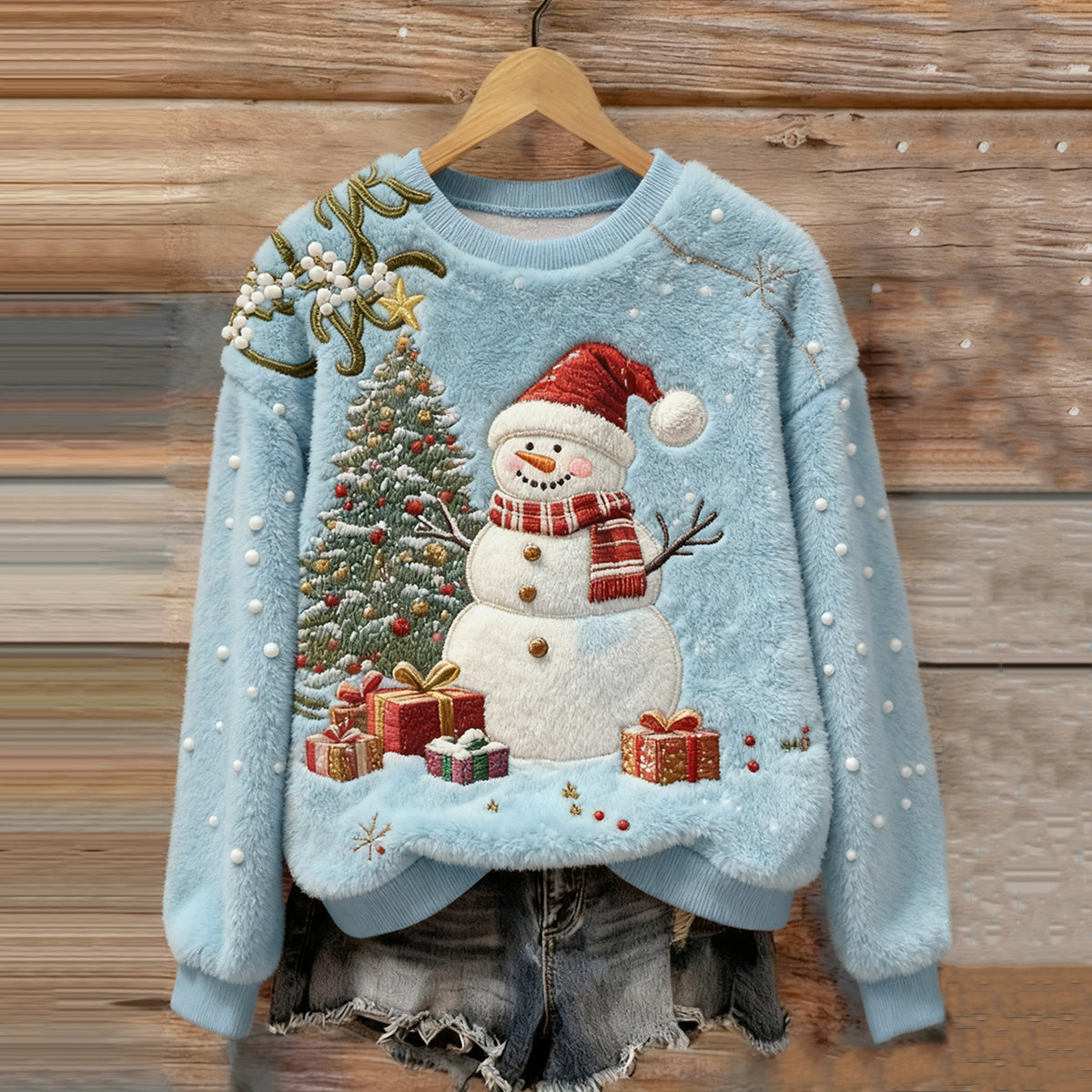 Comstylish Women's Christmas Snowman Embroidery Art Comfort Plush Sweatshirt