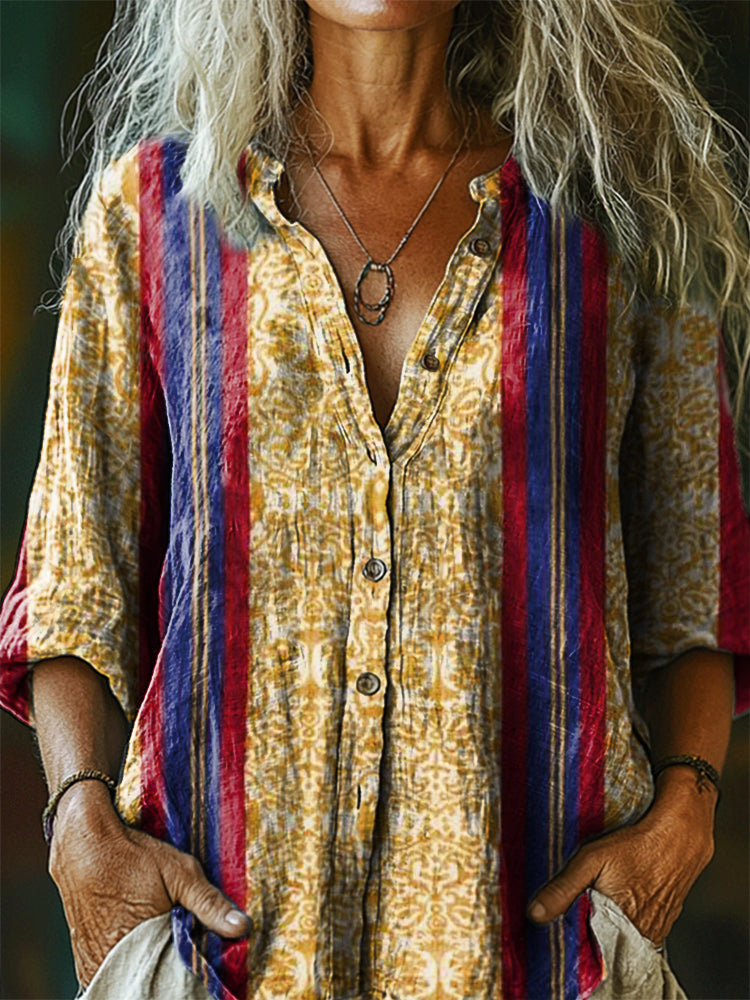 Women's Vintage Bohemian Floral Art Print Casual Cotton Linen Shirt