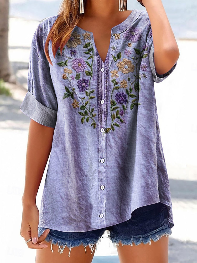 Women's Floral Pattern Art Print Cotton Linen Casual Shirt