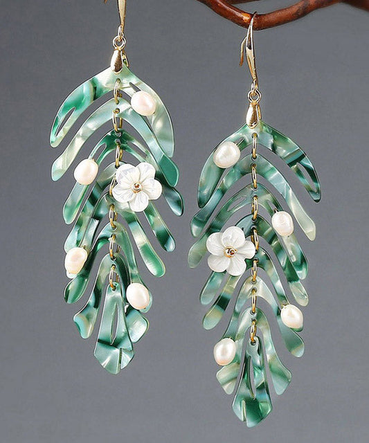 Green Copper Pearl Shell Flower Asymmetricar Leaf Drop Earrings