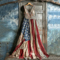 Vintage Independence Day Flag Floral Patchwork Print Comfort Dress artswardrobe