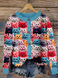 Colorful Cute Cats Embroidered Crew Neck Cozy Cardigan elevenforest
