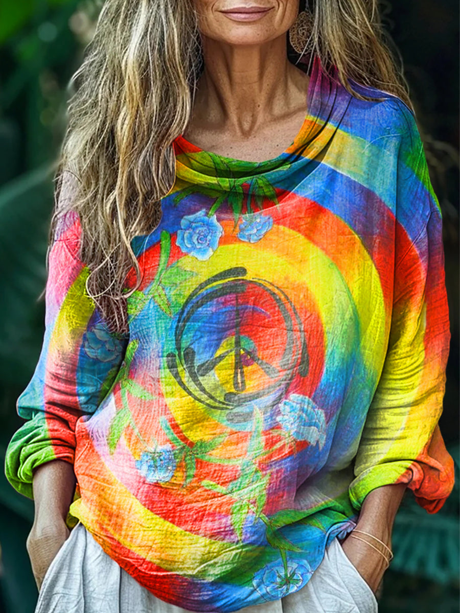 Women's Hippie Art Print Casual Long Sleeve Comfortable Cotton Shirt