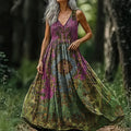 Women's Ethnic Floral V-neck Sleeveless Cotton Dress artswardrobe