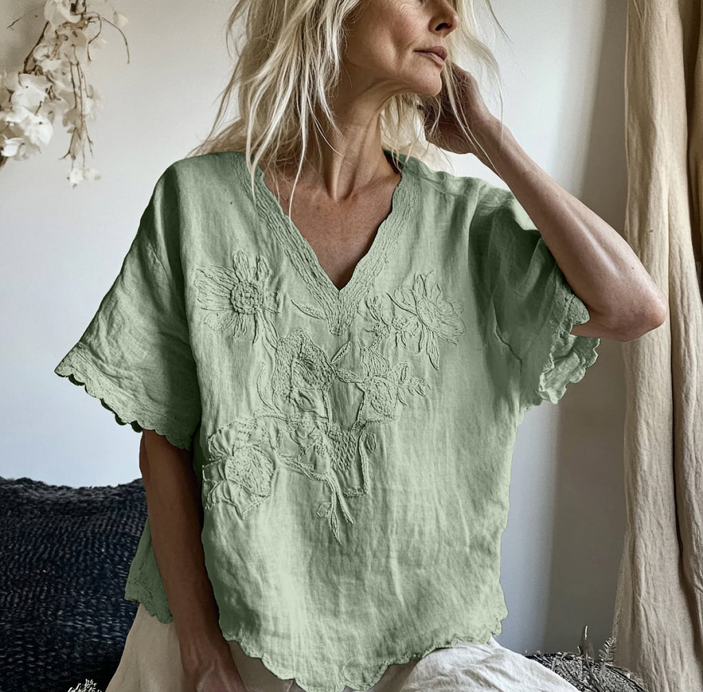 Comstylish Vintage Floral Art Cotton Linen Comfy Shirt