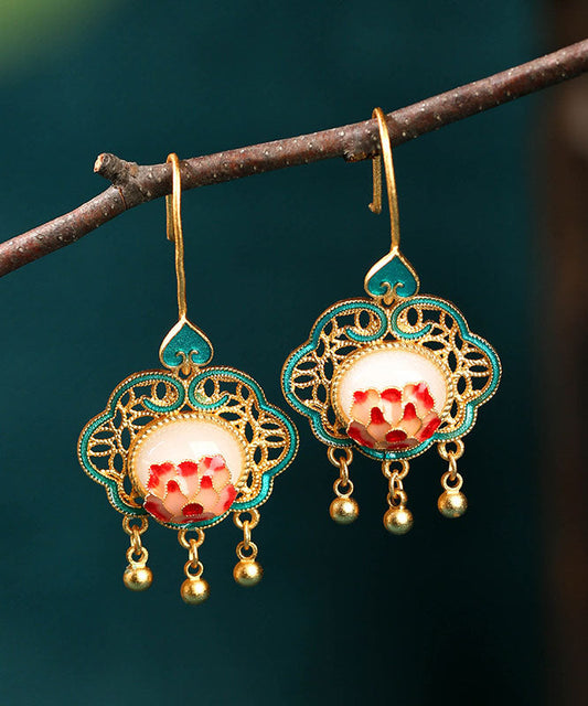 Green Ancient Gold Jade Enamel Tassel Drop Earrings