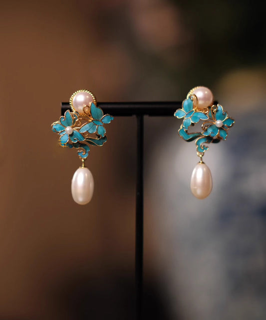 White Sterling Silver Overgild Enameling Butterfly Pearl Drop Earrings