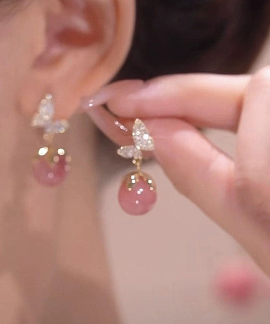 Pink Overgild Zircon Opal Butterfly Drop Earrings