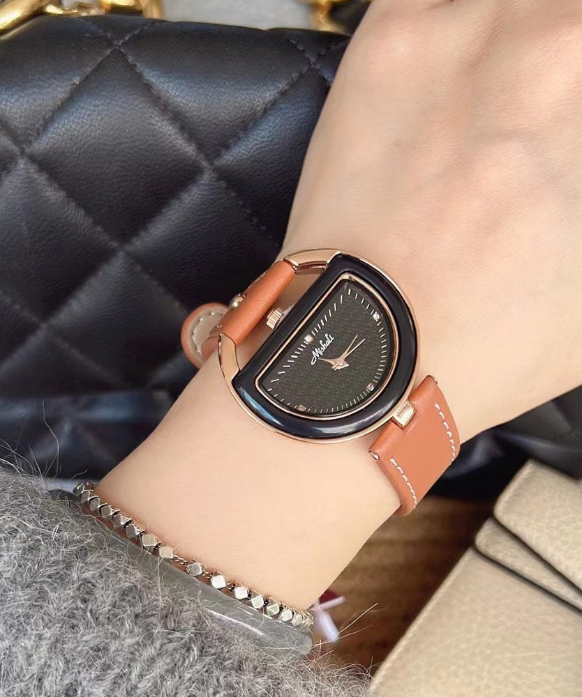 Brown Leather Alloy Hardlex Crystal Semicircle Watches