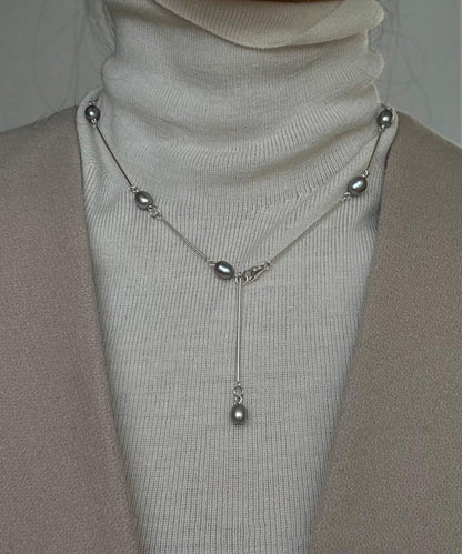 Silk Stainless Steel Pearl Lariat Necklace