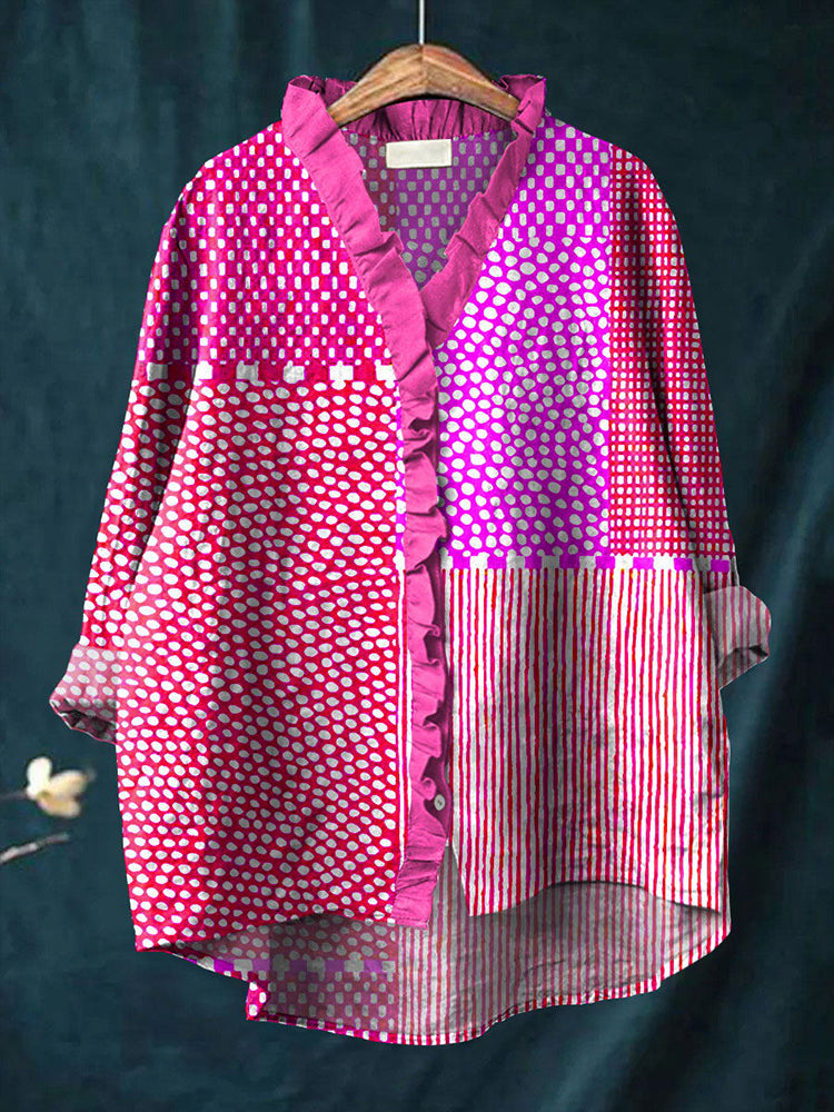 Polka Dot & Striped Print Linen Blend Shirt artswardrobe