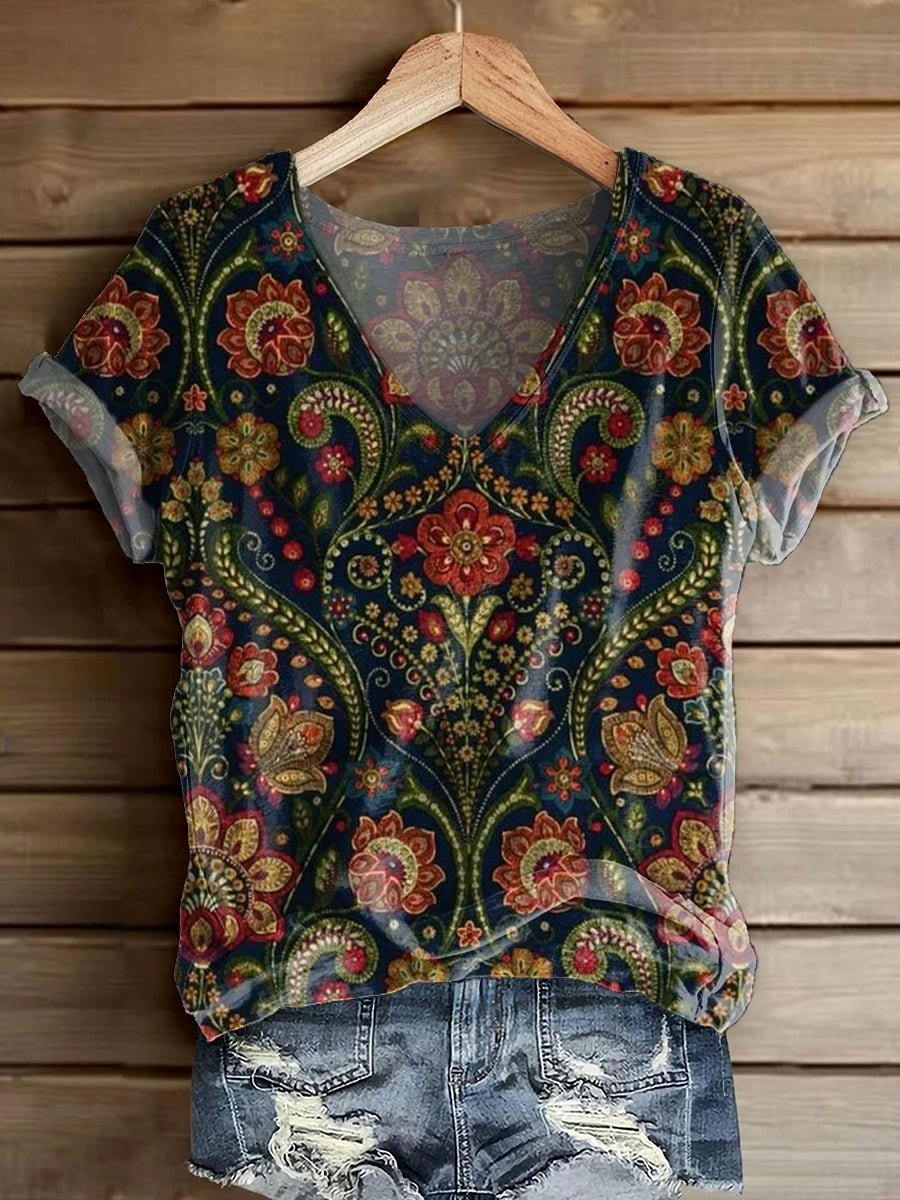 Women's Vintage Ethnic Floral Print V-Neck Short Sleeve Cotton T-Shirt