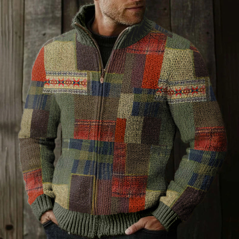 Men's Vintage Fairman Island Patchwork Pattern Zip Sweater artswardrobe