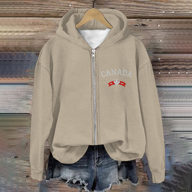 Comstylish Women's Canadian Print Casual Zip Hoodie
