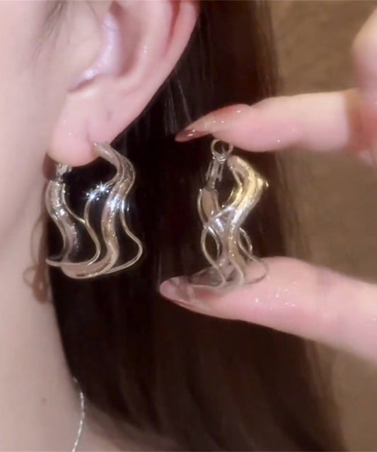 Silk Metal Asymmetrical Hollow Out Hoop Earrings