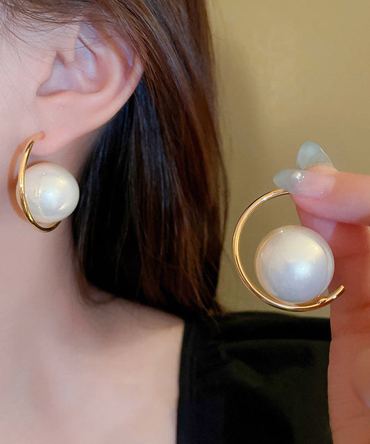 Gold Sterling Silver Alloy Pearl Hoop Earrings
