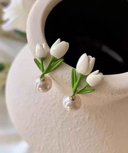 White Sterling Silver Alloy Pearl Tulip Stud Earrings