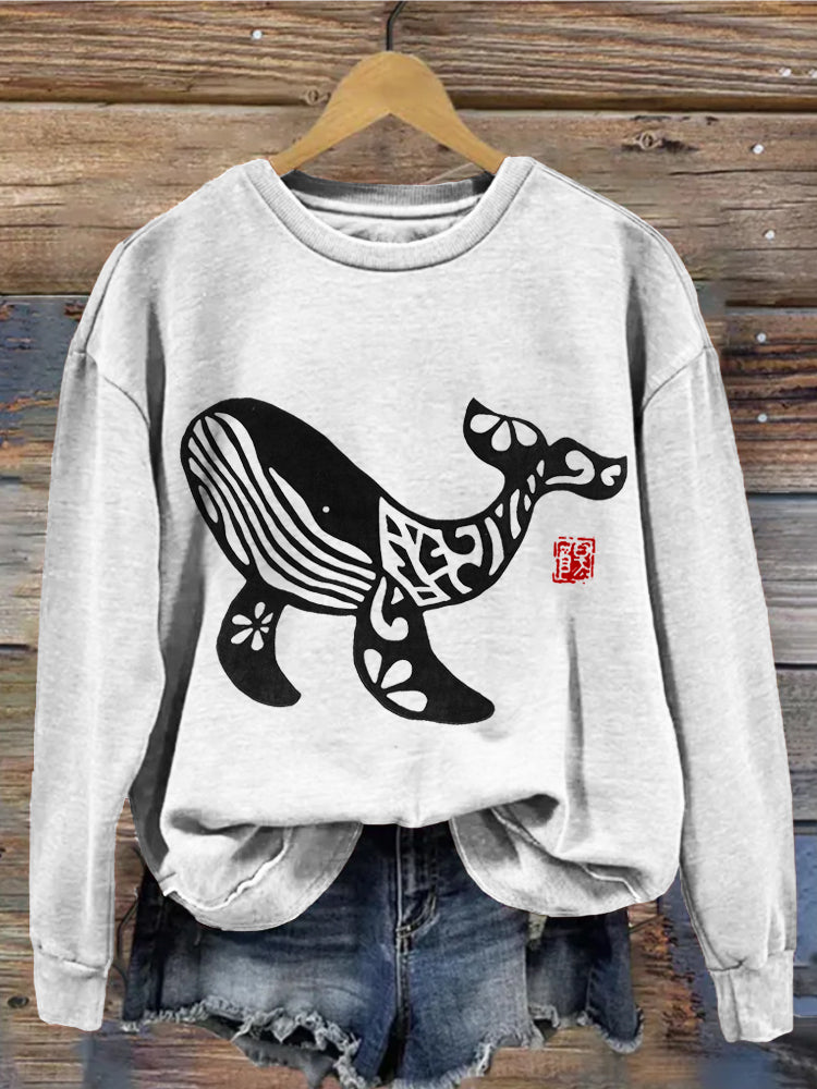 Comstylish Humpback Whale Japanese Lino Art Cozy Sweatshirt