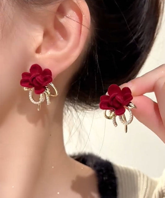 Boutique Red Copper Pearl Butterfly Flocking Stud Earrings