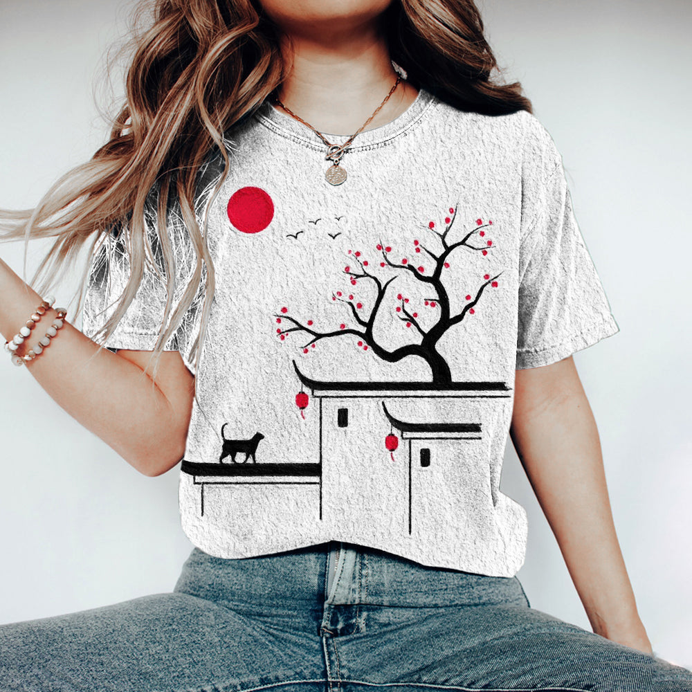 Japanese Cat Sakura Print Vintage Women's T-shirt elevenforest