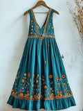 Vintage Boho Floral Embroidered V Neck Linen Tank Dress artswardrobe