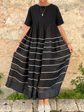Striped Pleated Design Linen Blend Dress artswardrobe