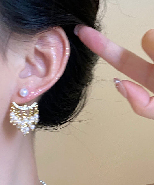 Novelty Gold Copper Zircon Pearl Tassel Drop Earrings