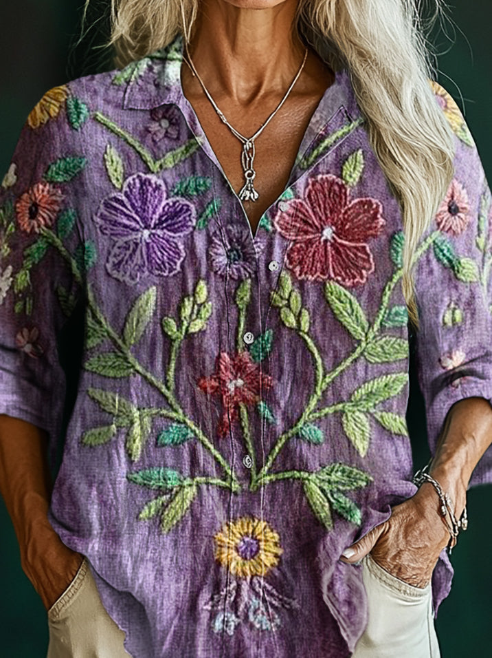 Women's Vintage Ethic Floral Art Print Casual Cotton Shirt