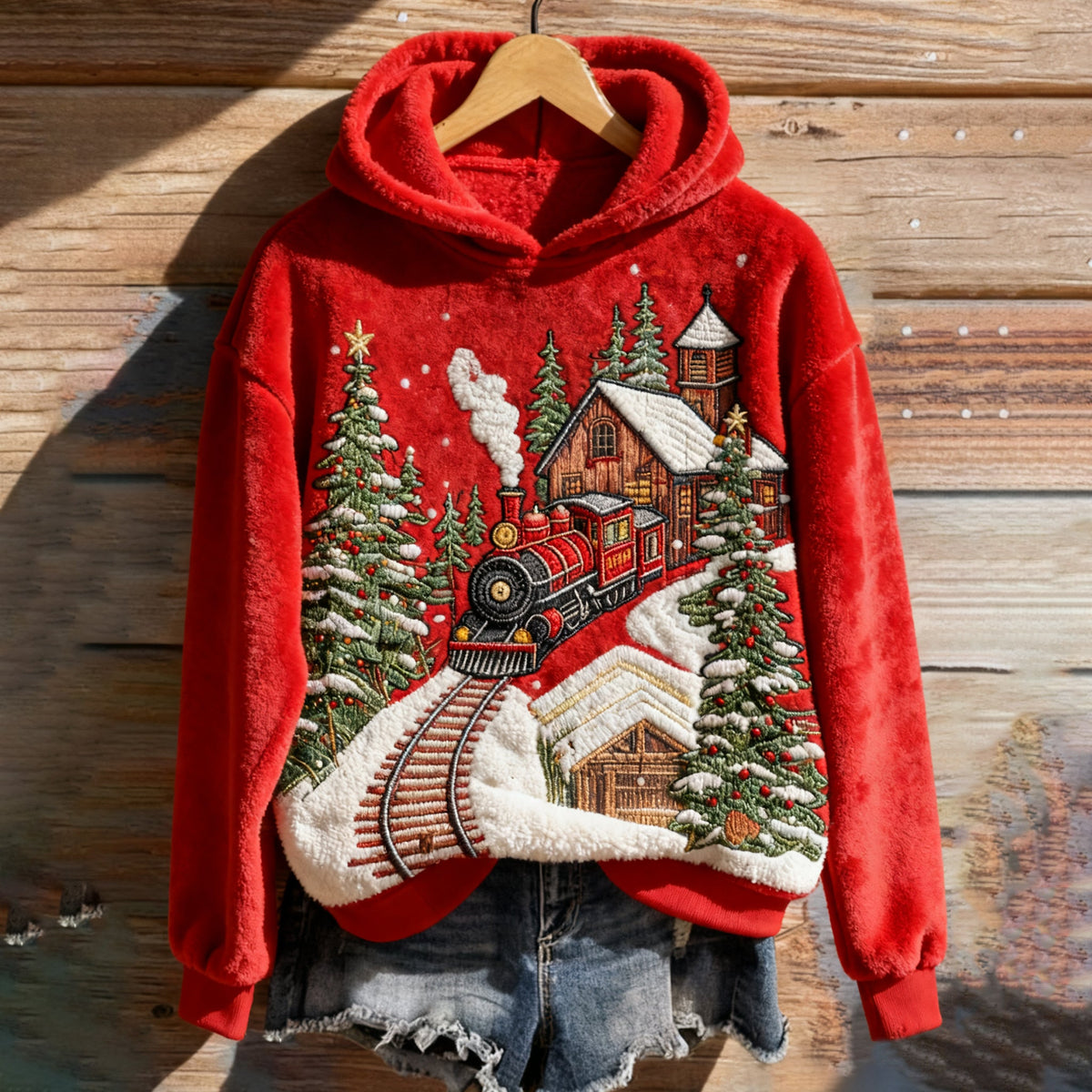 Comstylish Women's Christmas Embroidery Art Cozy Flannel Hoodie