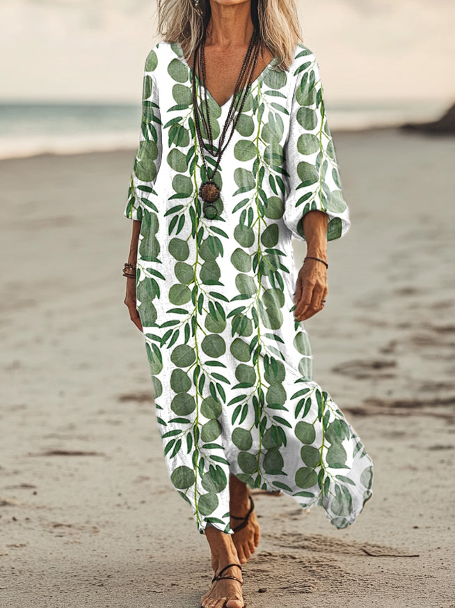 Women's Botanical Art Print Pocket Cotton Dress