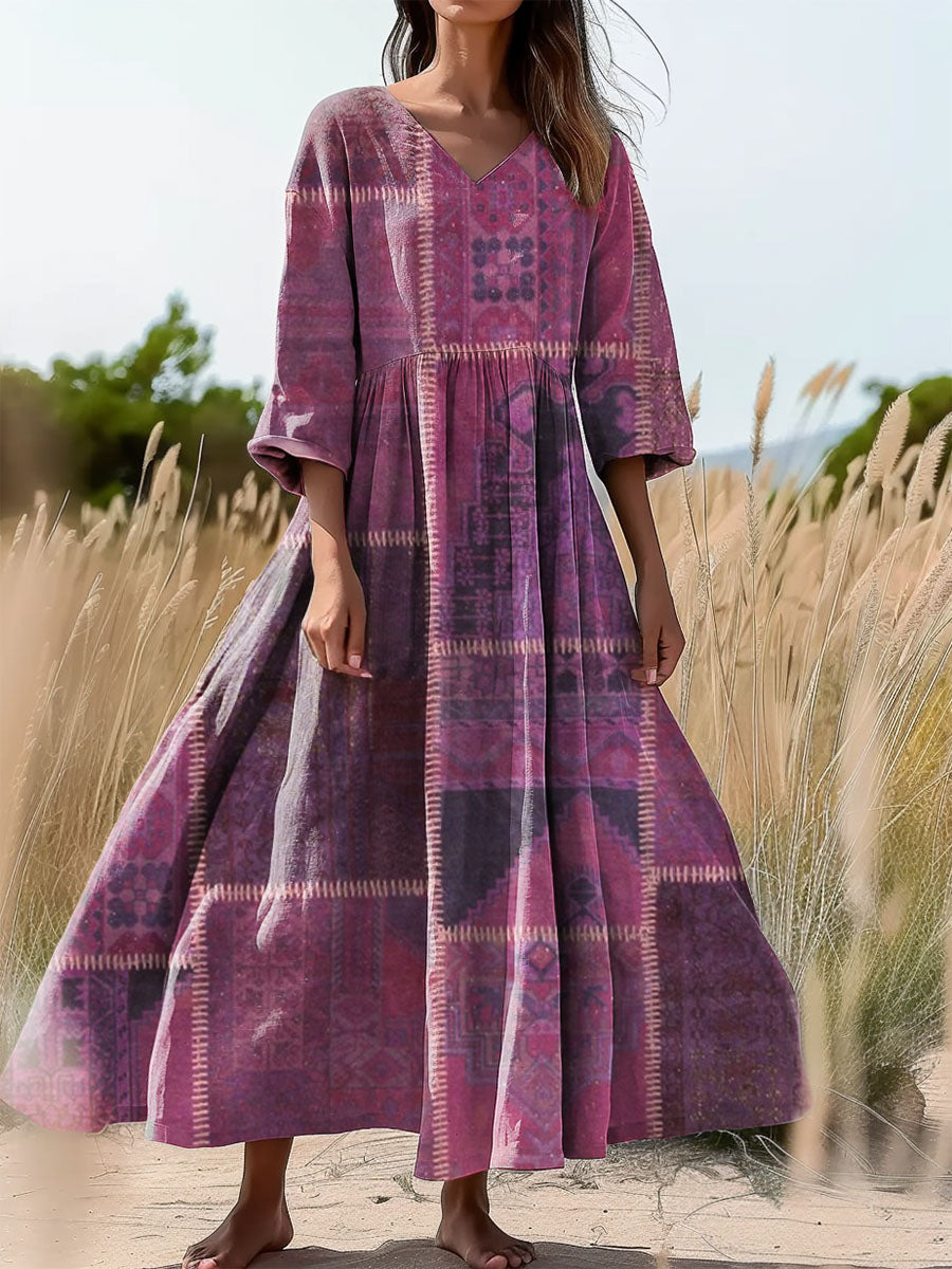 Women's Patchwork Patterned Art Print Flowy V-Neck Cotton Dress