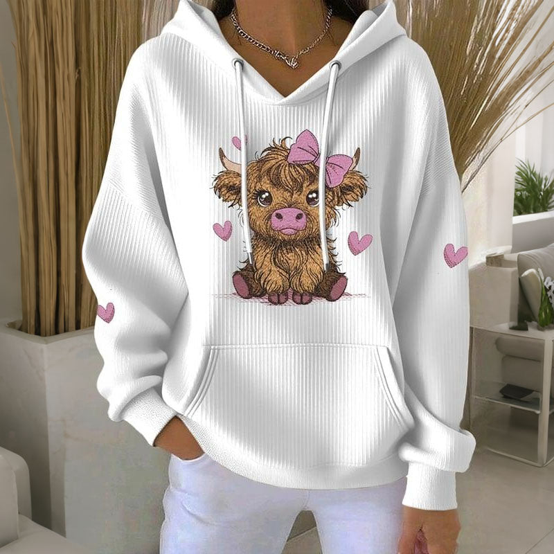 Comstylish Women's Cute Heart Highland Cow Print Long Sleeve Casual Hoodie