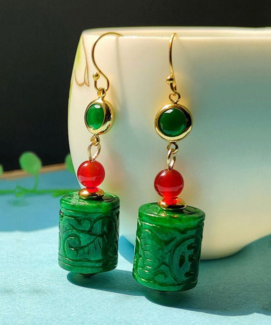 Green 14k Gold Dry Green Jade Agate Drop Earrings