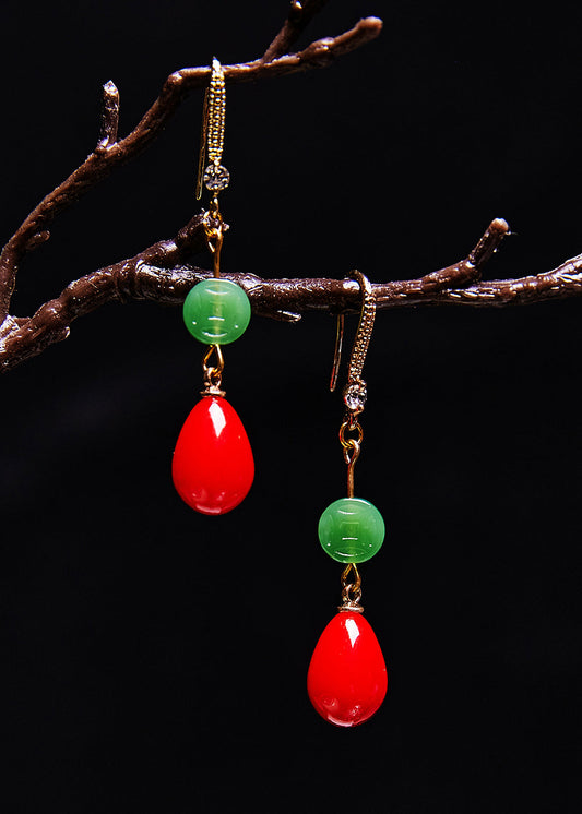Red Water Droplet Coral Fine Jade Drop Earrings