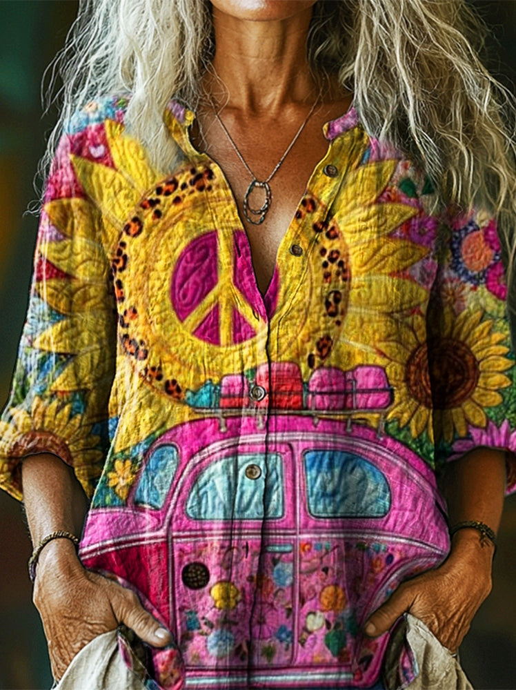 Women's Hippie Sunflower Car Art Pattern Print Casual Cotton Linen Shi