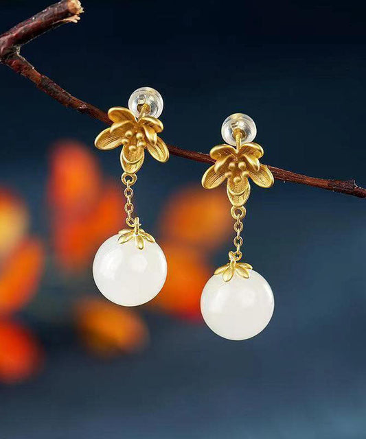 Skinny White Ancient Gold Jade Drop Earrings