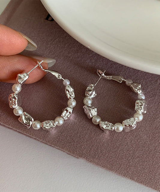 Silk Sterling Silver Alloy Pearl Hoop Earrings