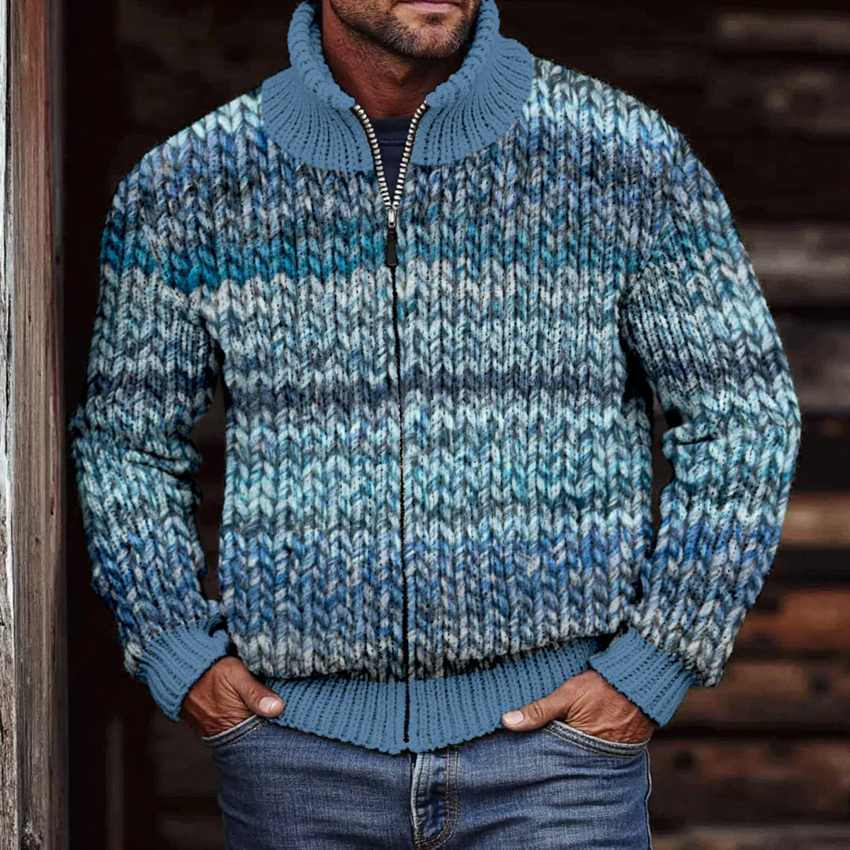 Men'S Retro Color Gradient Chunky Knit Comfort Zip-Up Cardigan artswardrobe