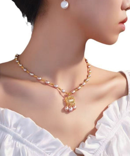 Light Purple Sterling Silver Overgild Pearl Safe Lock Pendant Necklace
