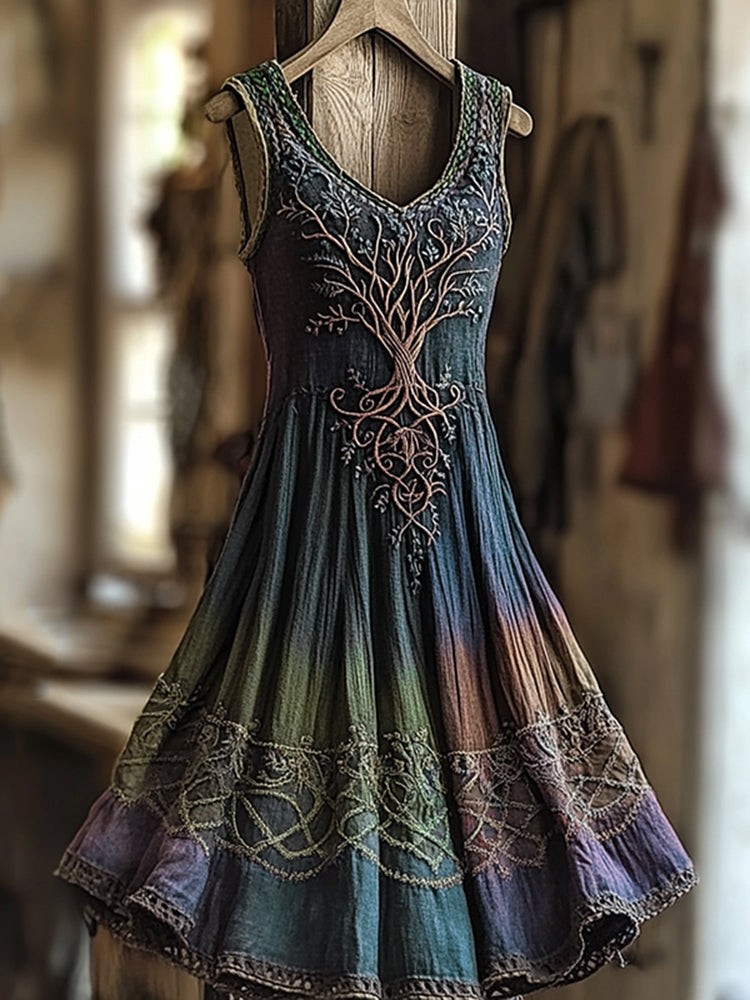 Women's Vintage Viking Tree Of Life Color Gradient Linen Dress artswardrobe