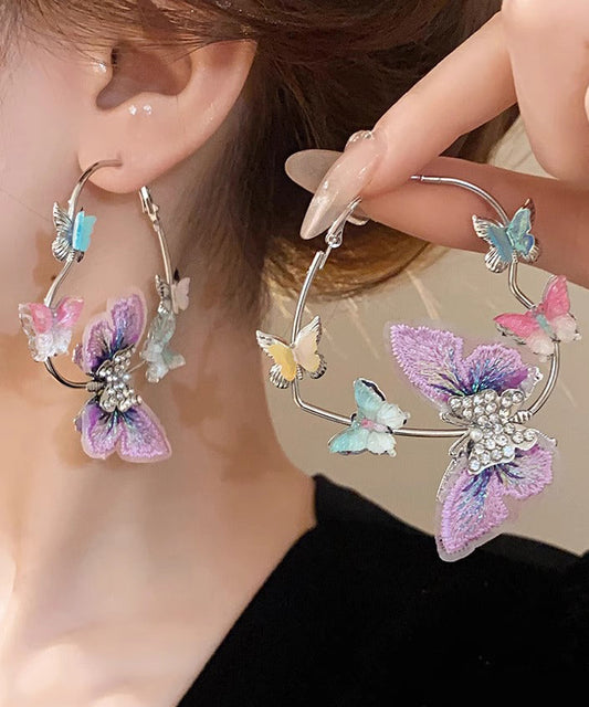 Purple Alloy Zircon Knit Butterfly Hoop Earrings