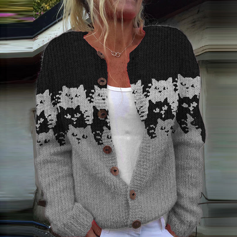 Cat Print Long Sleeve Knitted Cardigan elevenforest