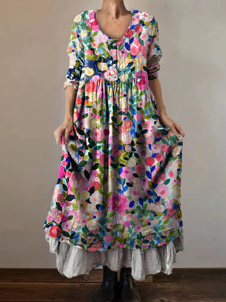 Women's Floral Art Print V-Neck Button Pocket Cotton Dress