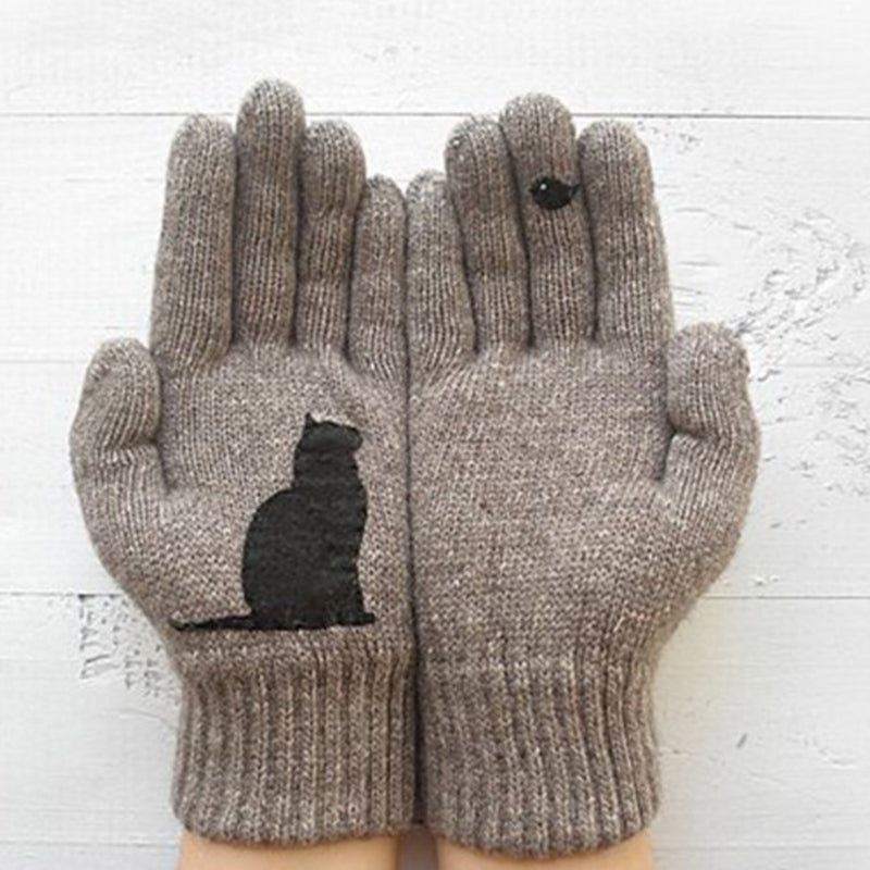 Warm Cat Bird Print Wool Knitted Gloves elevenforest