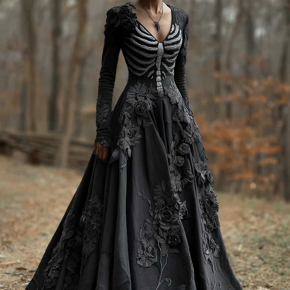 Comstylish Elegant Skeleton & Roses Embroidered V Neck Flowy Maxi Dress