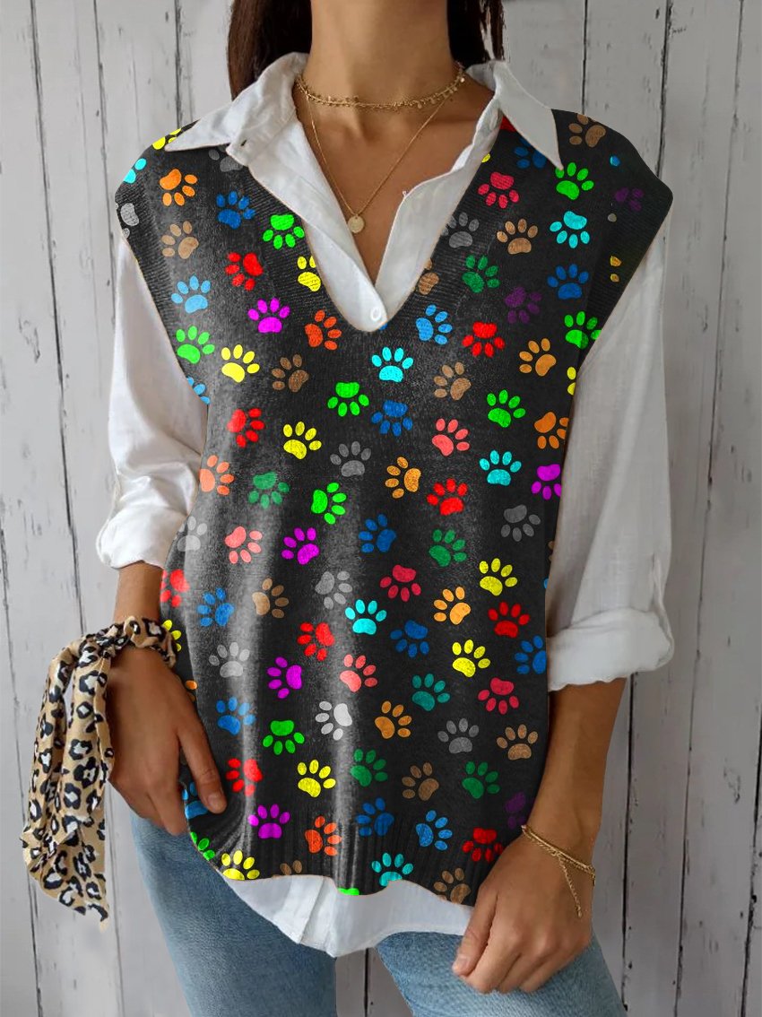 Women's Rainbow Paw Art Print Versatile Knitted Vest