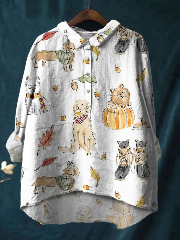 Hand Drawn Cartoon Pattern Kitten Leaves Printed Cotton And Linen Shirt