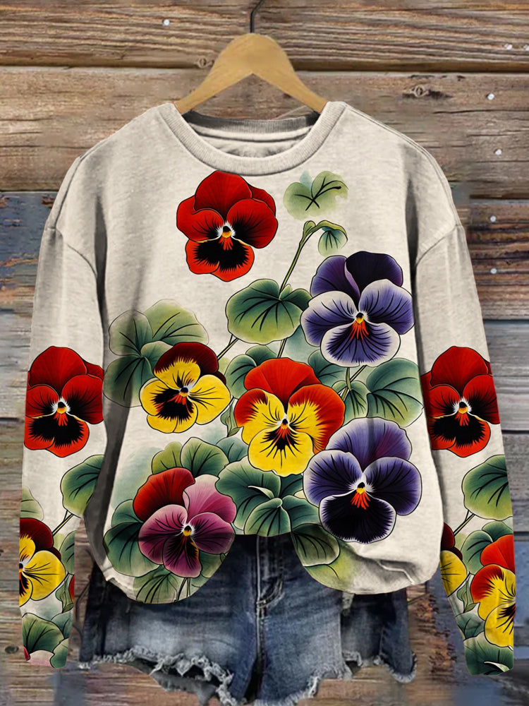 Comstylish Colorful Pansy Blossom Art Vintage Washed Sweatshirt